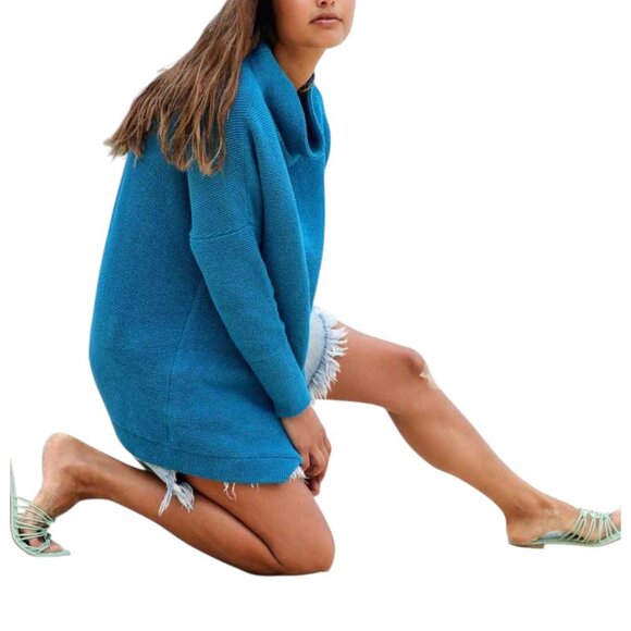 Free People Blue Ottoman Slouchy Tunic Mock Neck Sweater Sz S - Picture 3 of 13